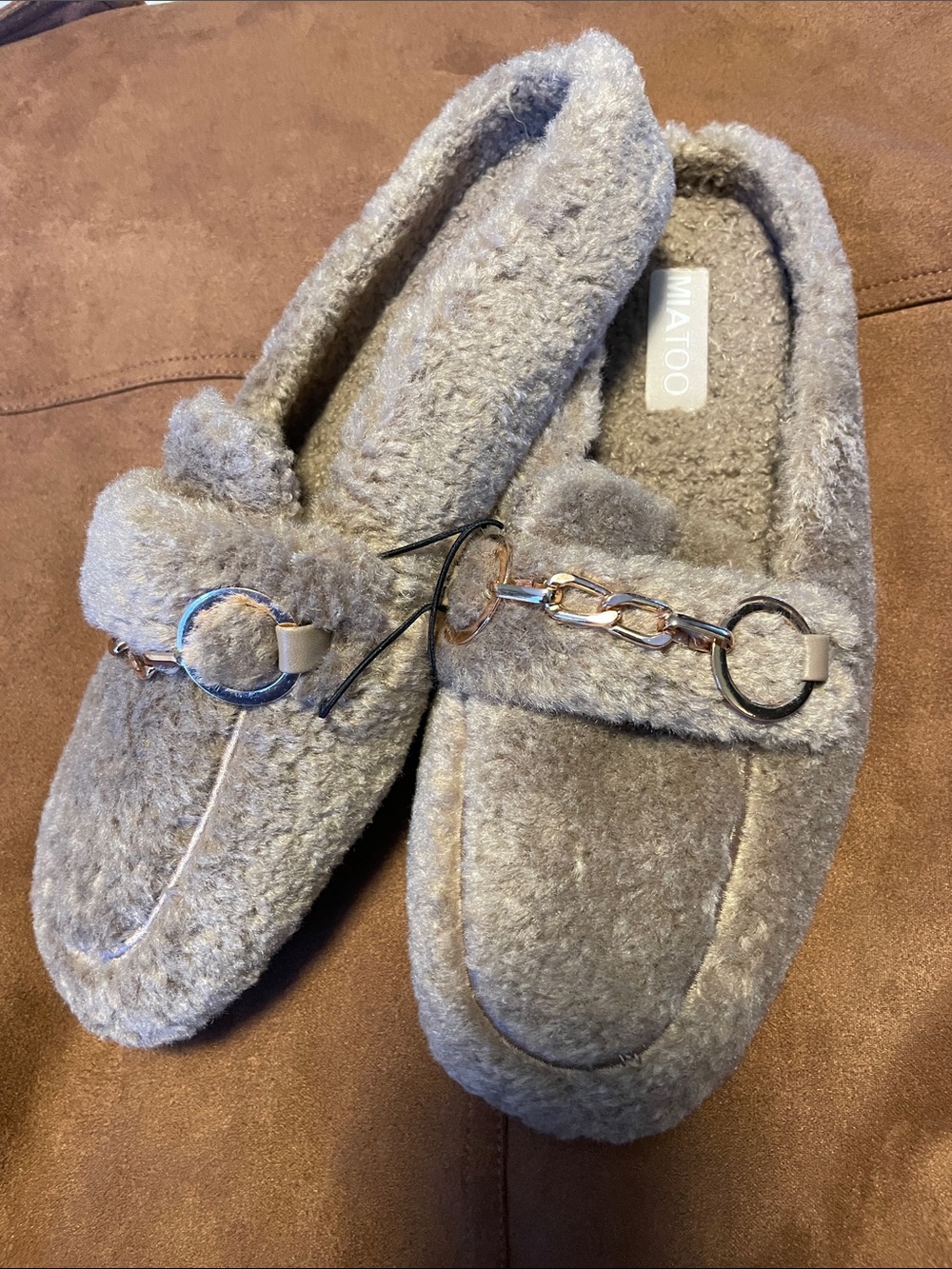 Plush Faux-Shearling Moccasin Loafers with Chain Accent